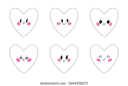 Cute cartoon heart line art with smiling faces and shiny eyes.
 Perfect for coloring pages, kids’ crafts, and cheerful vector icons.