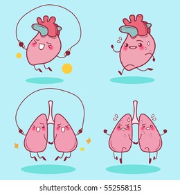 cute cartoon heart and lung running and jumping