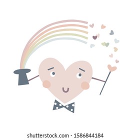 Cute cartoon heart magician character make rainbow magic. Decorative childish illustration isolated on white. Funny magical paper cut simple poster. Kid-like whimsical drawing. Gender-neutral nursery