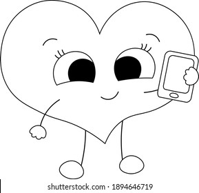 Cute cartoon Heart with mobile phone in black and white