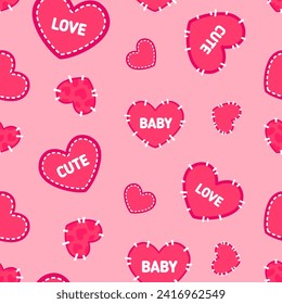 Cute Cartoon heart patch stickers seamless pattern. Valentines Day background in Hearts and text love, cute, baby. Cartoon vector Red Heart shapes pattern for print fabric and pajamas textile design