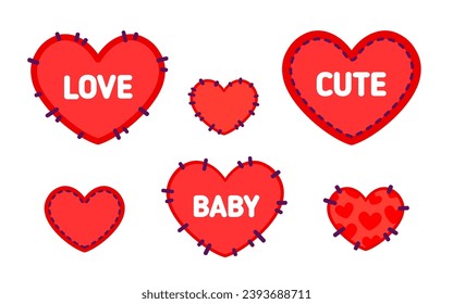 Cute Cartoon heart shape patch with seam. Vector Red Heart patch stickers collection. Flat Heart with stitches and text love, cute, baby on white background