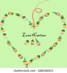 cute cartoon heart shape with set of cactus and succulent in flower pot.