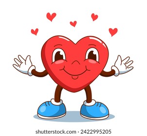 Cute cartoon heart in the style of a rubber hose. Isolated on white. Vector illustration. 