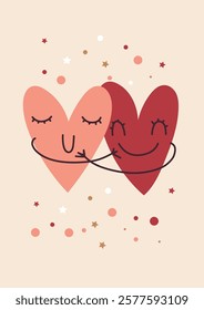 Cute cartoon heart Valentine's Day romantic postcard in flat sketchy style. Kiss faces vector illustration February 14.