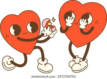 Cute cartoon hearts celebrating marriage proposal with joy and excitement
