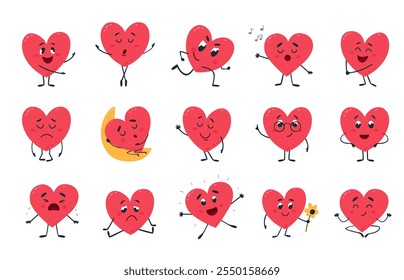 Lindos corazones de dibujos animados. Ama los símbolos románticos con varias emociones. Corazón rojo cantando, dormido en la luna, llorando, haciendo ejercicios. Personajes de Vector con clase del día de San Valentín