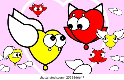 Cute Cartoon Hearts with Wings and Devil Horns - Love and Fantasy Characters