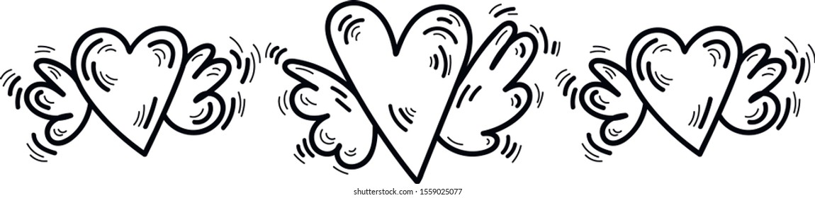 Cute cartoon hearts with wings. Hand drawn vector illustration. Love elements for Valentines day. Doodle style