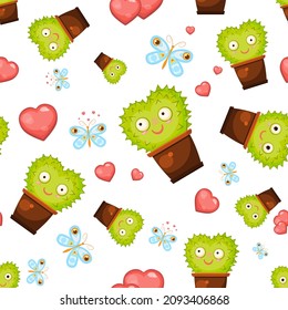 Cute cartoon heart-shaped cactus is falling in love, staring at a blue butterfly, smiling, goggling, seamless vector pattern about love of strange soul mates. Background with funny smiling cacti.