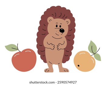 Cute cartoon hedgehog with apples. Forest animal with needles. Character for children. Vector illustration isolated on white background