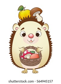 Cute cartoon hedgehog with basket, apples and mushrooms. vector