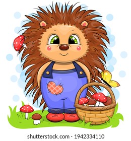 Cute cartoon hedgehog with a basket of mushrooms. Vector illustration of an animal.