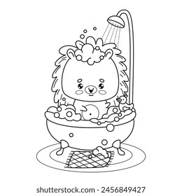 Lindo erizo de dibujos animados se baña en el baño con espuma y pato de goma en la ducha. Esboza el divertido personaje animal kawaii. Dibujo de líneas, libro de colorear. Ilustración vectorial. Colección infantil