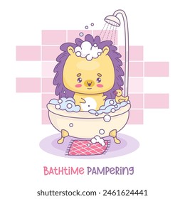 Cute cartoon hedgehog bathes in bath with foam and rubber duck in shower. Cool card with funny kawaii animal character. Water treatments in bathroom. Vector illustration. Kids collection