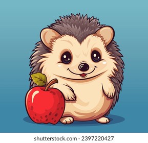 Un lindo erizo de caricatura con una gran manzana roja parado en sus patas traseras. Caricatura de erizo adorable. Ilustración del vector