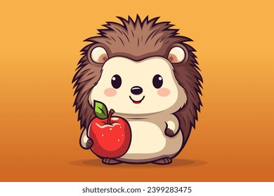 Un lindo erizo de caricatura con una gran manzana roja parado en sus patas traseras. Caricatura de erizo adorable. Ilustración del vector