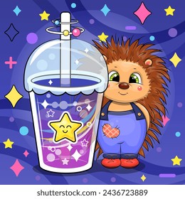 Cute cartoon hedgehog with a big star drink. Vector illustration of an animal and a cup of colorful water on a dark blue background with stars and dots.