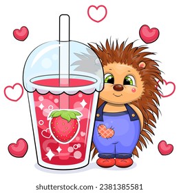 Cute cartoon hedgehog with a big strawberry drink. Vector illustration of an animal and a cup of red water on a white background with red hearts.