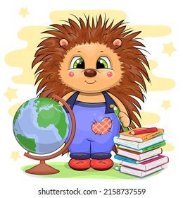 Cute cartoon hedgehog with books and a globe. School vector illustration with an animal on a yellow background.