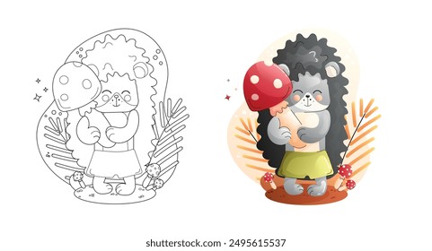 Lindo Hedgehog Personaje de dibujos animados para colorear página en blanco y negro y versiones de colores. Niños animales establecidos. 