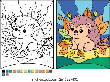 Personagem charmoso ouriço sentado entre folhas de outono coloridas. Colorir por página numérica e ilustração concluída. Atividade educacional divertida queda para crianças, design de livro de colorir imprimível.