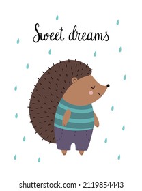 Cute cartoon hedgehog in clothes. Funny children's poster and phrase. Vector illustration for T-shirt print, nursery decor, invitation card, postcard