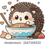 cute cartoon hedgehog eating Japanese foods
