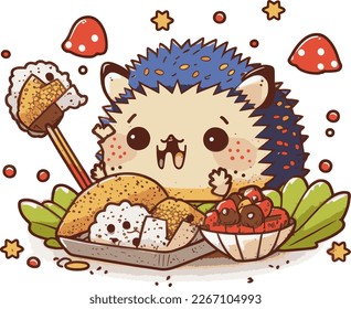 cute cartoon hedgehog eating Tempura