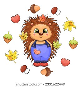 Cute cartoon hedgehog with fallen leaves. Vector illustration of an animal in an autumn frame with nuts, mushrooms, acorns, leaves, hearts on a white background.