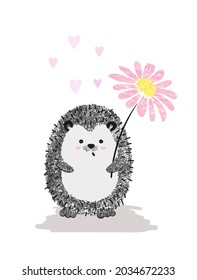 Cute cartoon hedgehog with flower. Vector illustration.