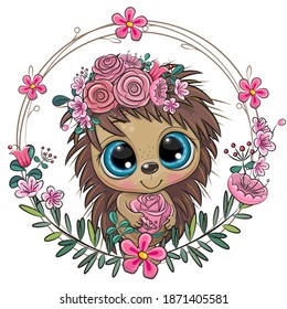 Cute Cartoon Hedgehog with flowers on a white background