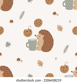 Cute cartoon hedgehog in forest vector print in flat style. Cute childish character, leaves, cones, mushrooms. Hedgehog eats cookies and drinks milk - seamless pattern