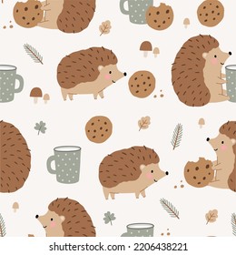 Cute cartoon hedgehog in forest vector print in flat style. Cute childish character, leaves, cones, mushrooms. Hedgehog eats cookies and drinks milk - seamless pattern