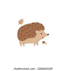 Cute cartoon hedgehog in forest vector print in flat style. Cute childish character, leaves, cones, mushrooms.