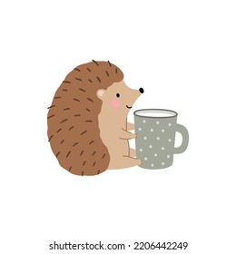 Cute cartoon hedgehog in forest vector print in flat style. Cute childish character, leaves, cones, mushrooms, milk