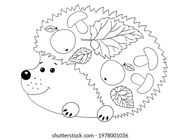 Cute cartoon hedgehog with fruit and leaves on its back. Outline drawing for a children's coloring book on a white background.