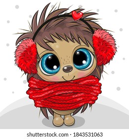 Cute Cartoon Hedgehog in fur headphones and scarf