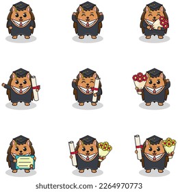 Cute cartoon Hedgehog in graduate hat on white background. Vector Set of Cute Graduation Themed Hedgehog . Illustration symbol mascot character animal. Design flat cartoon.
