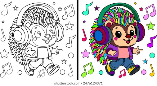 Cute cartoon hedgehog with headphones. Coloring book.Vector illustration.