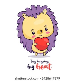 Cute cartoon hedgehog with heart. Vector illustration. Funny kawaii animal character. Romantic card with holiday slogan 