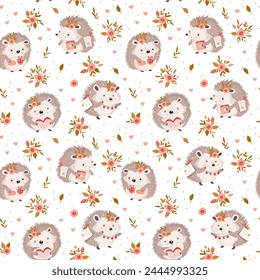 Cute cartoon hedgehog with hearts gifts and rose flowers, lovely vector kids seamless pattern. 