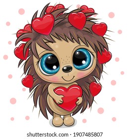 Cute Cartoon Hedgehog with hearts on a white background