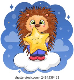Cute cartoon hedgehog is holding a yellow star and standing on a cloud. Night vector illustration on a blue background.