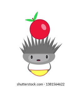 cute cartoon hedgehog holds in his paws a piece of apple concept of summer and fruit object for design