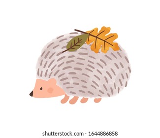 Cute cartoon hedgehog with leaves on needles vector flat illustration. Autumn urchin character with colorful leaf on back isolated on white background. Wild animal at seasonal weather graphic design