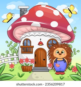 Cute cartoon hedgehog with mushroom house. Summer vector illustration of animal with flowers and butterflies in nature.