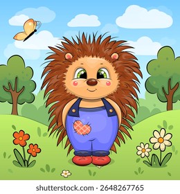 Hedgehog de desenhos animados bonitos na natureza. Ilustração vetorial de um animal com flores vermelhas e brancas, borboleta, grama e árvores.