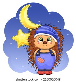 A cute cartoon hedgehog in a nightcap is holding the moon and star balloons. Night animal vector illustration on blue background.