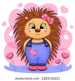 Cute cartoon hedgehog in overalls and hair bow. Vector illustration of an animal on a pink background with hearts.